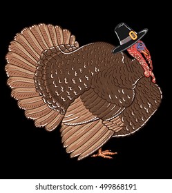 Vector Illustration of a Thanksgiving Celebration Design with image cartoon Turkey in Hat isolated on black background.