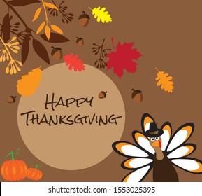 Vector illustration of Thanksgiving day background with funny turkey, fall leaves, copy-space.