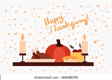 Vector illustration thanksgiving day dinner on drop background. Template postcard, card, poster