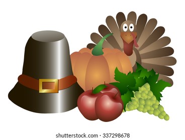 Vector illustration. Thanksgiving Day. Hat, pumpkin, turkey, apples and grapes isolated on a white background.
