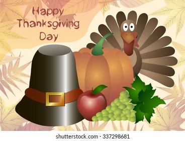 Vector illustration. Thanksgiving Day. Hat, pumpkin, turkey, apples and grapes isolated on a background of autumn leaves.