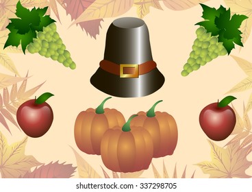 Vector illustration. Thanksgiving Day. Hat, pumpkin, turkey apples and grapes isolated on a background of autumn leaves.