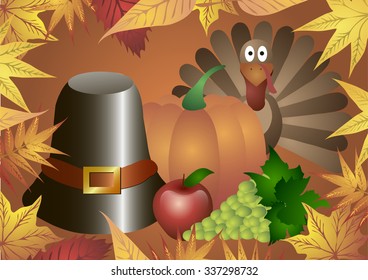 Vector illustration. Thanksgiving Day. Hat, pumpkin, turkey, apples and grapes in frame of autumn leaves.