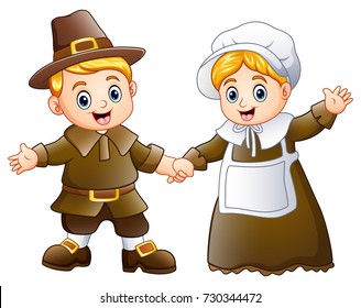 Vector illustration of Thanksgiving day of pilgrim couple waving