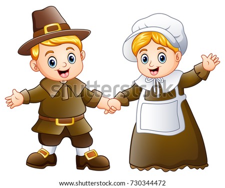 Vector illustration of Thanksgiving day of pilgrim couple waving