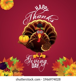 Vector illustration of thanksgiving day with turkey bird and autumn leaf 

