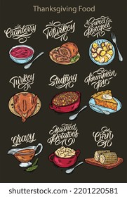 Ilustración vectorial. Comida de Acción de Gracias. Ilustraciones para menús en cafés, restaurantes, stickers. Grabación manuscrita. 