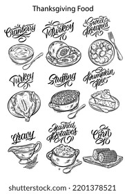 Vector illustration. Thanksgiving food. Illustrations for menus in cafes, restaurants, stickers. Handwritten lettering. 