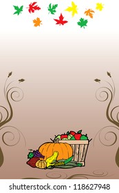 Vector Illustration for Thanksgiving Fruit Vegetable Card and Fall Autumn Leaves.