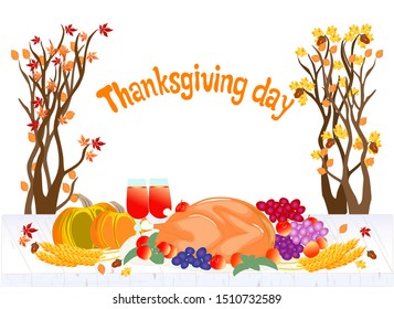 Vector Illustration of Thanksgiving Gourmet Turkey and Fruits and Vegetables,trees