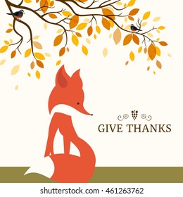 Vector Illustration of a Thanksgiving Greeting Card Design with Cute Fox and Autumn Leaves