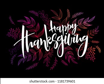 vector illustration of thanksgiving greeting hand lettering label - thanksgiving- with doodle brunches and leaves.