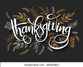 vector illustration of thanksgiving greeting hand lettering label - with doodle brunches and leaves in black and gold color.