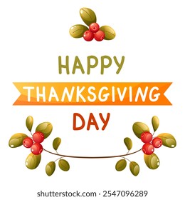 Vector illustration for thanksgiving greeting. Happy thanksgiving text with autumn leaves and berries. Color illustration for holiday greeting card, invitation, web banner.