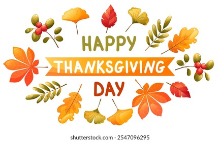 Vector illustration for thanksgiving greeting. Happy thanksgiving text with autumn leaves and berries. Color illustration for holiday greeting card, invitation, web banner.