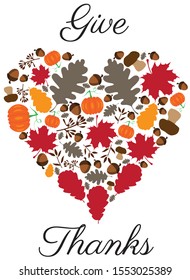 Vector illustration of Thanksgiving heart, fall elements, give thanks background.