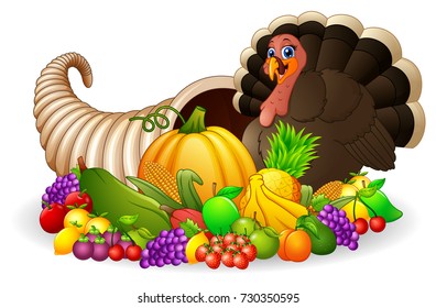 Vector illustration of Thanksgiving horn of plenty cornucopia full of vegetables and fruit with cartoon turkey bird