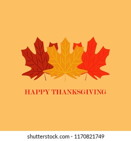 Vector illustration. Thanksgiving lettering design with colorful leaves isolate on yellow background.
