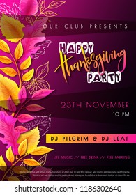 Vector illustration of thanksgiving party poster with hand lettering label - happy thanksgiving - with bright autumn leaves and doodle leaves.