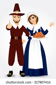 vector illustration for thanksgiving of pilgrim couple holding holding a roast turkey and giving thumbs up