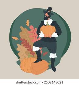 A vector illustration of a Thanksgiving pilgrim holding a pumpkin, surrounded by autumn leaves, isolated on a beige background. Perfect for holiday greeting cards and festive designs.