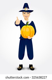 vector illustration for thanksgiving of pilgrim man holding a pumpkin and giving thumbs up isolated on white background 