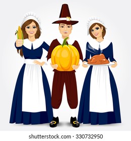 vector illustration for thanksgiving of the pilgrims holding turkey, corn and pumpkin isolated on white background 