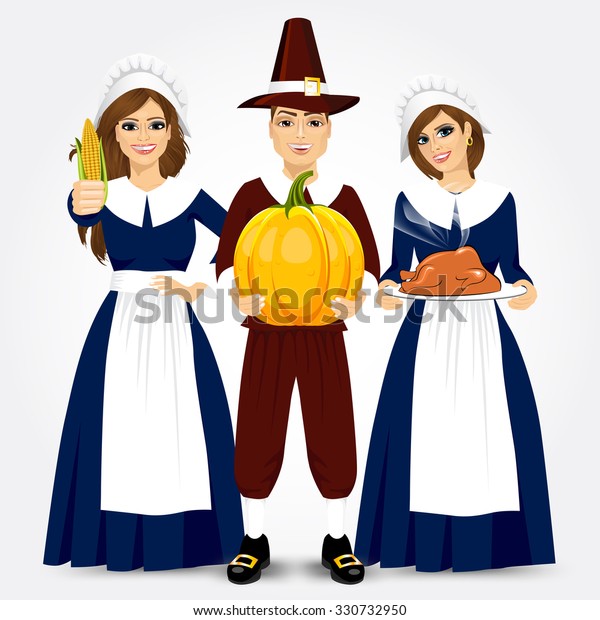 Vector Illustration Thanksgiving Pilgrims Holding Turkey Stock Vector ...