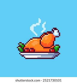 Vector Illustration of Thanksgiving Roast Turkey with Pixel Art Design, perfect for game assets themed designs