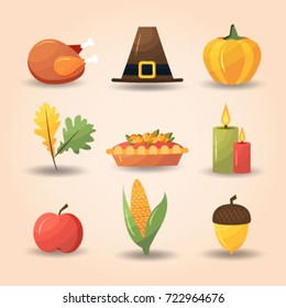Vector illustration for Thanksgiving. A set of flat design elements for Thanksgiving, turkey, pie, gum, pumpkin.