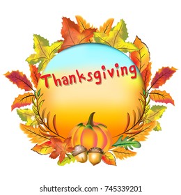 Vector and illustration of Thanksgiving theme banner, tag, or logo with beautiful gradient background, pumpkin, acorn, maple and forest leaves in orange color
