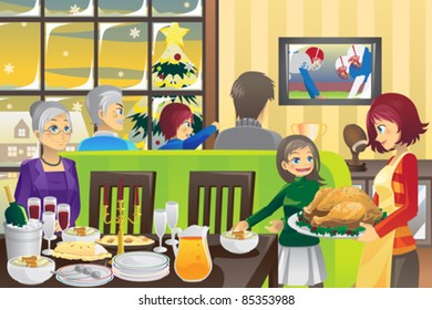 A Vector Illustration Of A Thanksgiving Tradition Of Family Dinner And Watching Football