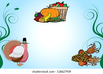 Vector Illustration of a Thanksgiving Turkey Background with fruit basket and corn.