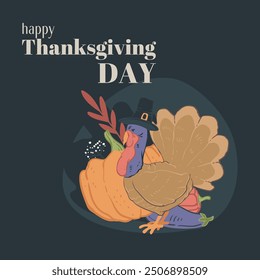 A vector illustration of a Thanksgiving turkey dressed as a pilgrim with autumn vegetables, isolated on a dark green background. Perfect for holiday greeting cards and festive designs.