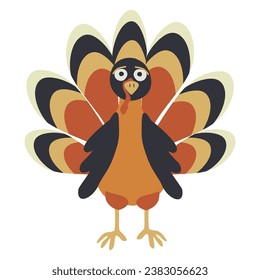 Vector illustration of Thanksgiving Turkey isolated on white background. Simple Flat turkey for kids, Banner, Postcard. Festive design element for November celebration, Seasonal Decorative bird.