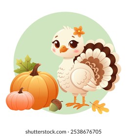 Vector illustration of Thanksgiving turkey with pumpkins, acorn, and autumn leaves in soft pastel colors