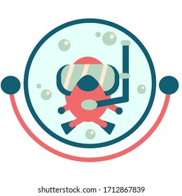 Vector illustration that can be used as a logo, which depicts a cute little animal diver swimming in a vessel with water in a special mask with a tube for breathing underwater (snorkel)