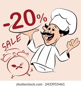 Vector illustration that can be used as a sales ad for restaurants selling prepared food. The illustration shows a chef holding a plate with the percentage off. This can be changed at will.