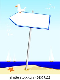 	 Vector illustration that depicts an anonymous sign-shaped arrow planted on the shore of the Sea.