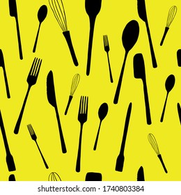 Ilustración vectorial que representa los utensilios de cocina para cocinar en la cocina usando un cuchillo, espátula, cuchara usando negro y amarillo.