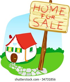 Vector illustration that depicts a house for sale: on a sign on top says "Home for sale"