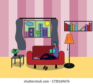 Vector illustration that depicts a man at home on the couch. He reads or works, but stayed home anyway.