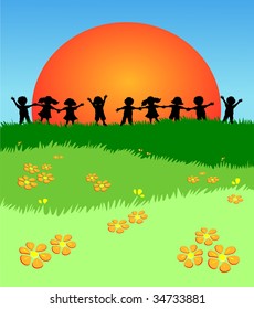 Vector illustration that depicts the many kids who play against on a lawn