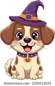 A vector illustration that depicts a nice little dog with a Halloween hat.