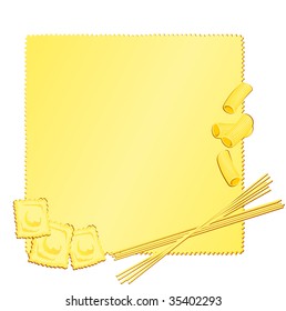 Vector illustration that depicts a puff pastry with some Italian types of pasta as a decoration, forming a lively culinary background