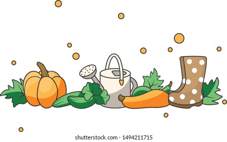 vector illustration that depicts a pumpkin, zucchini, watering can, green leaves and rubber boots on a white background