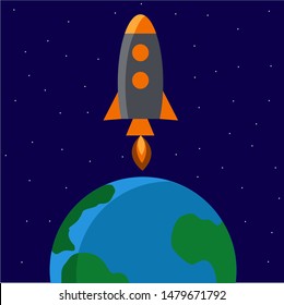 A vector illustration that depicts a rocket taking off into space. A galaxy with many stars is painted on the background. Below is planet Earth.