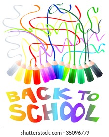 Vector illustration that depicts a series of wooden pencils of different colors and the traces they leave drawing. Below is an inscription that says "Back to school"