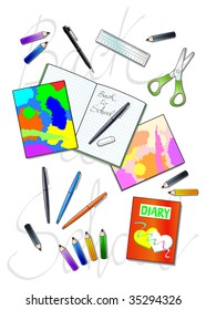 Vector illustration that depicts a set of materials for school: pens, colored pencils, notebooks, diaries, rulers. In the background is the inscription "Back to school"