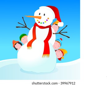Vector illustration that depicts a snowman with children peering behind some